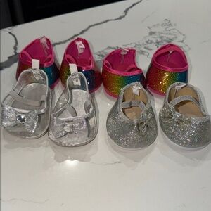 Auth Build A Bear 4 pairs of Sparkly Silver and Rainbow Shoes